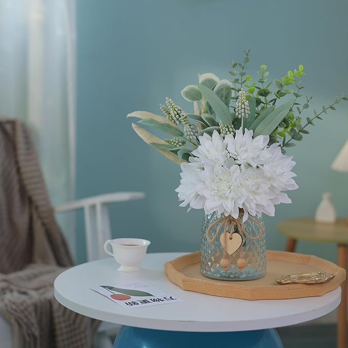 Faux Flowers with Vase,Artificial Silk Flowers in Vase, Fake Plant Eucalyptus and Willow,Flower Arrangement for Home Farmhouse kitchen Dining Table Centerpiece Decorations Coffee Table Decor (White)
