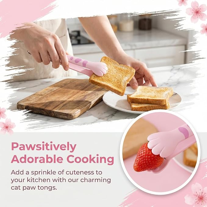 Kitchen Cooking Tongs – Cute Paw Shape Stainless Steel Salad Tongs for Cooking and Barbecue, Food Serving Utensil with Non-Slip Grip(White Small)