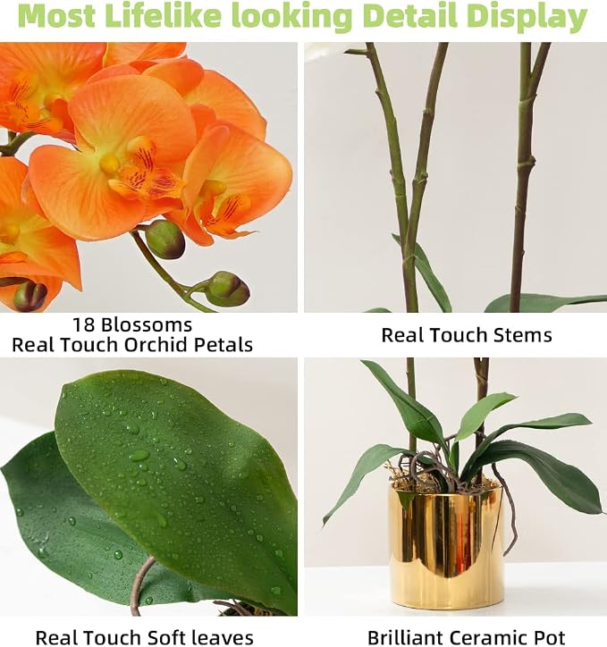 CXGS Artificial Orchid Flower Plant Real Touch Faux Orchids in Ceramic Vase Orange 19.7'' Fake Phalaenopsis Flower Arrangement Centerpiece Home Indoor Decor