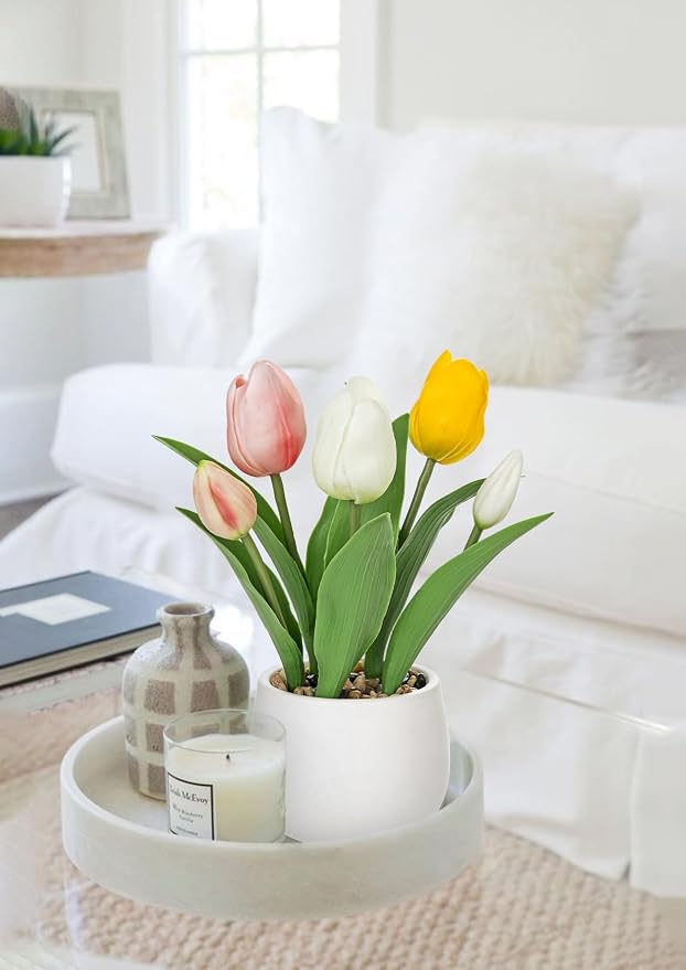 Hollyone Tulips Artificial Flowers in Vase Fake Tulips Silk Flowers Arrangements Faux Tulip Bulbs with Ceramic Pot Tulip Potted Plants Floral Bouquet for Home Decor Table Centerpiece Decorations