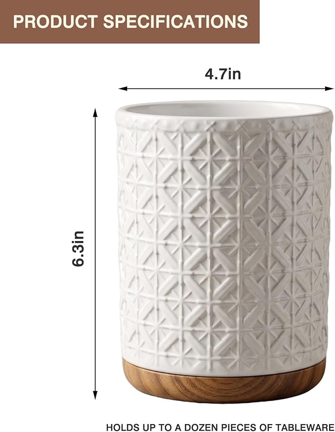 Boho Kitchen Decor Ceramic Utensil Holder with Wooden Base, Checkered Utensils Holder for Farmhouse Indoor Decorations, Utensil Crock for Kitchen Counter Utensil Organizer for Spatula & Spoon