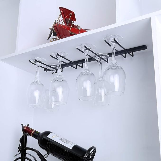 Under Cabinet Wine Glass Rack,Stemware Rack Holds up to 8 Wine Glass,Hanging Wine Glass Holder,Metal Wine Glass Hanger,Glasses Organizer for Home Bar Kitchen(Black)