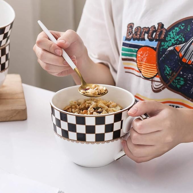 Porlien Checker Pattern 23-ounce Large Soup Bowls, Large Soup Mugs with Handles, Porcelain Cereal Bowls Set of 4