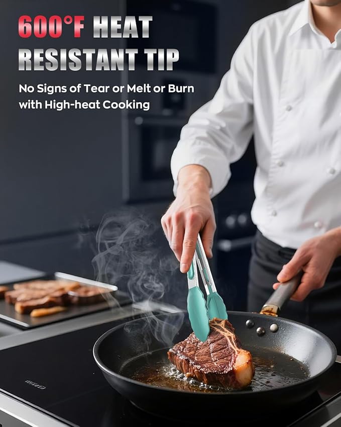 600ºF Heat Resistant Kitchen Tongs, Premium Locking Cooking Tongs with Silicone Tips, Non-Slip Food Tongs for Cooking, Non-Stick, Heavy Duty Stainless Steel Handle, Set of 3-7" 9" and 12" Aqua Sky