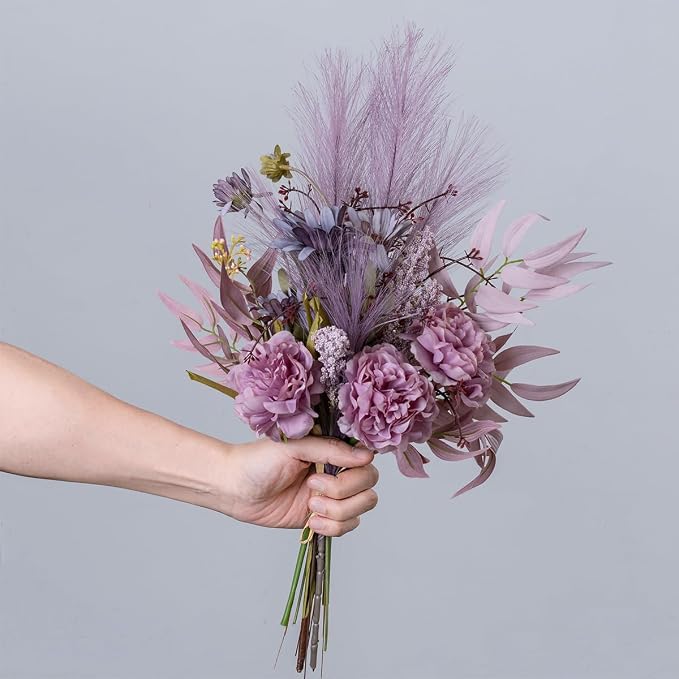 Artificial Fake Faux Flowers Silk Flower Arrangements Bouquets Consists of Peonies, Chrysanthemums, Pampas Grass (Purple)