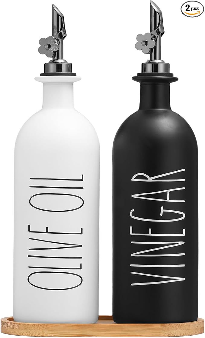 HOMCDALY 16oz Olive Oil Dispenser Bottles for Kitchen, Glass Oil Dispenser for Kitchen with Bamboo Tray, Oil&Vinegar Dispenser Set | Set of 2 (16oz-P-Black&White)