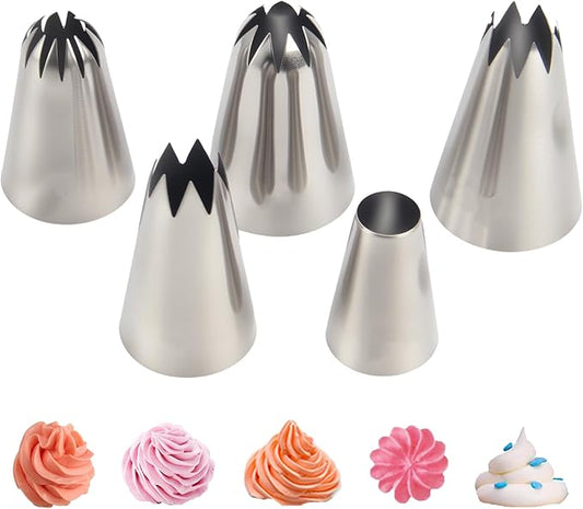 Large Piping Tips Set, 5pcs Stainless Steel Cake Decorating Tips for Cake Icing, Cupcakes, Cookies, Desserts, and Cake Decorating Molds, Include 2 Curved Teeth, 2 Straight Teeth, 1 Round Tip