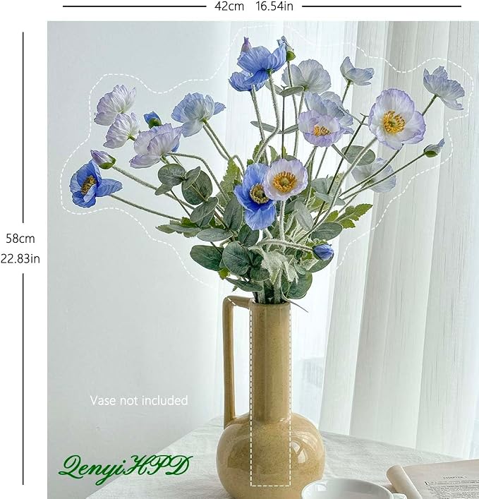 Blue Poppy Artificial Flowers and Eucalyptus Stems mixed, Fake Silk Flowers with Stems for Vase, Faux Floral Arrangements for Wedding Party Farmhouse Home Office Table Centerpieces Decoration