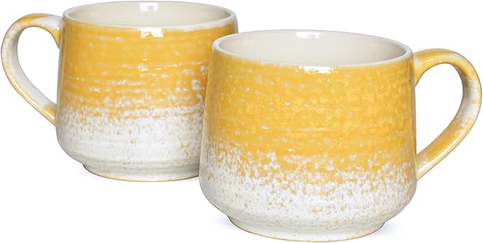 Bosmarlin Large Ceramic Wide Coffee Latte Mug Set of 2, 18 Oz, Yellow Big Stoneware Tea Cup for Office and Home, Dishwasher and Microwave Safe (Yellow, 2)