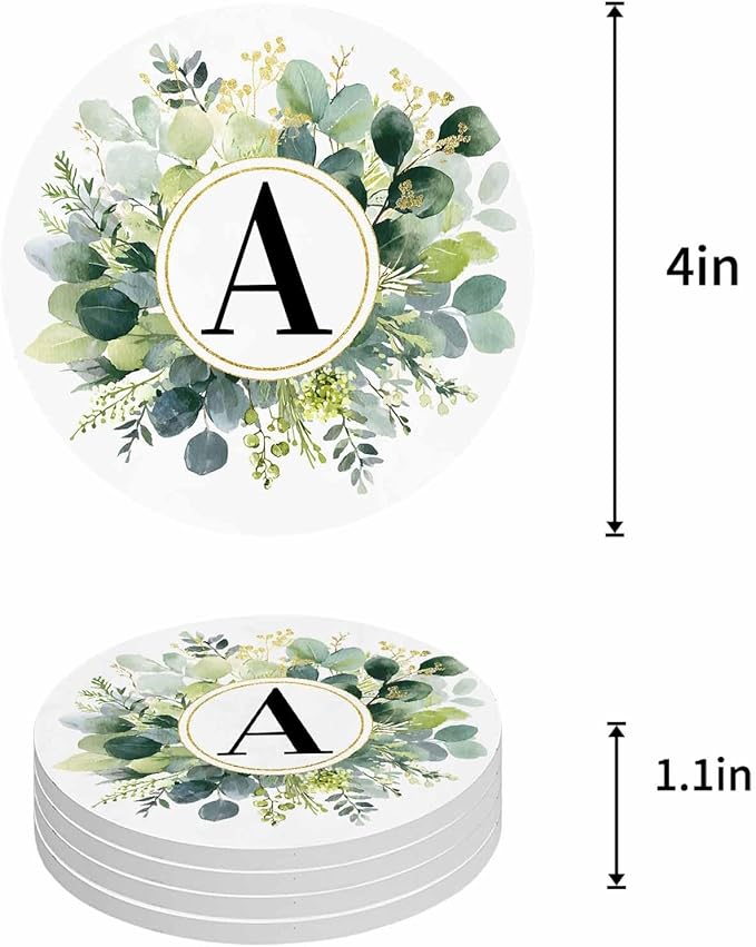 Coasters Set of 4 Letter A Drink Coasters with Holder Absorbent Stone Ceramic Cup Mat Alphabet Green Eucalyptus Leaves Coaster for Drinks Coffee Bar Office Kitchen Cafe Home Decor