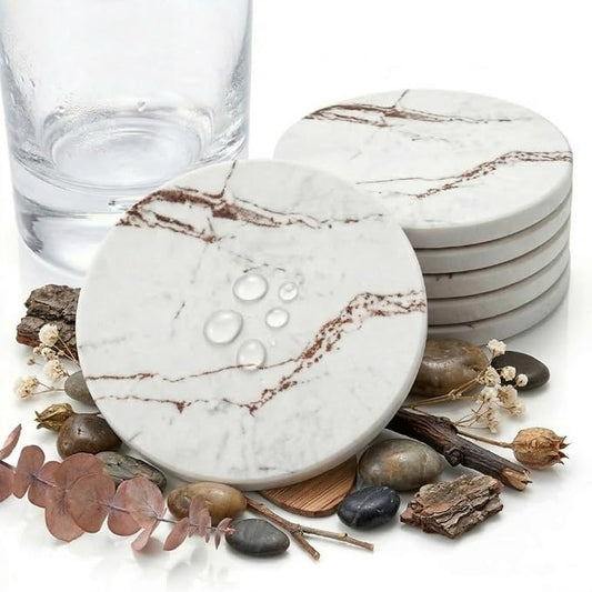 Premium Stone Coasters Set for Drinks – 6 Round Marble Style Absorbent Coasters with Non-Slip Base & Holder – Protects Furniture from Spills & Heat – Elegant Home, Office, Bar Decor Gift Set