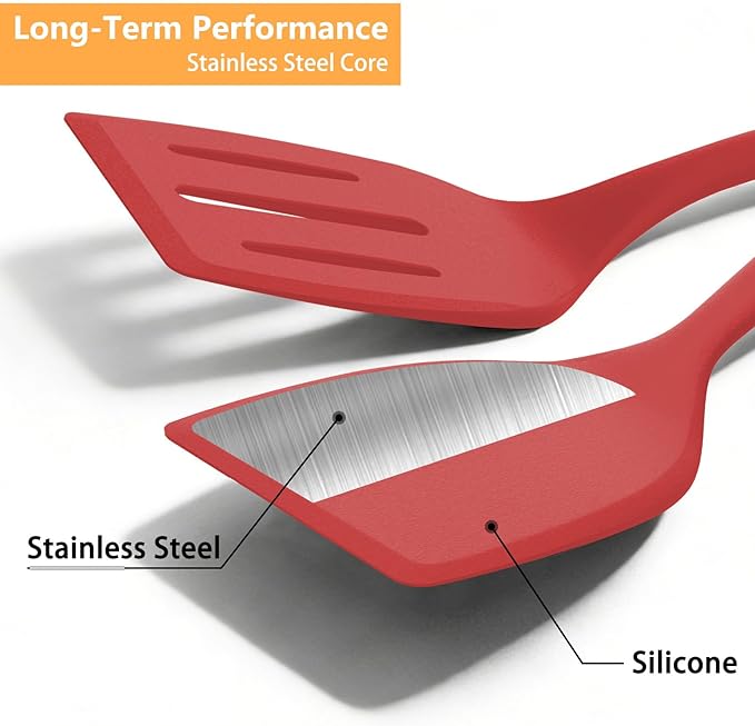 Pancake Silicone Spatula Set, Flexible Turner Spatulas for Flipping, BPA Free, Non Stick and Non Scratch Great for Egg, Fish, Burgers, Dishwasher Safe (4 Pack, Red)