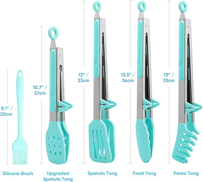 5-Pack Silicone Tongs for Cooking,Maywe Tanso 4PCS 13-Inch Kitchen Tongs with Silicone Tips,Nonstick Stainless Steel Tong for Steak Pie Pizza Pasta Spaghetti Salad BBQ Buffet,Plus Brush