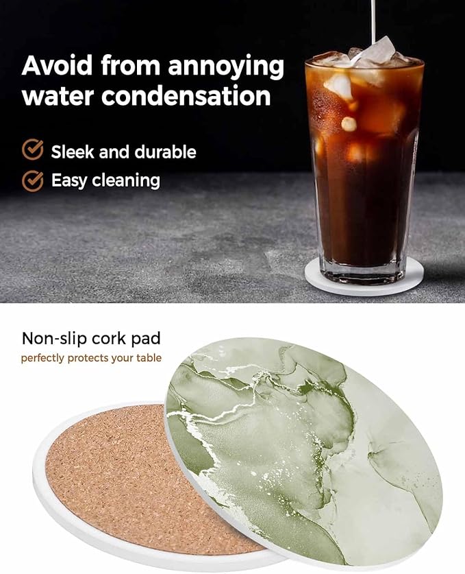 Coasters Set of 4 Sage Green Marble Drink Coasters with Holder Absorbent Stone Ceramic Cup Mat Abstract Waves Cloud Coaster for Drinks Coffee Bar Office Kitchen Cafe Home Table Decor