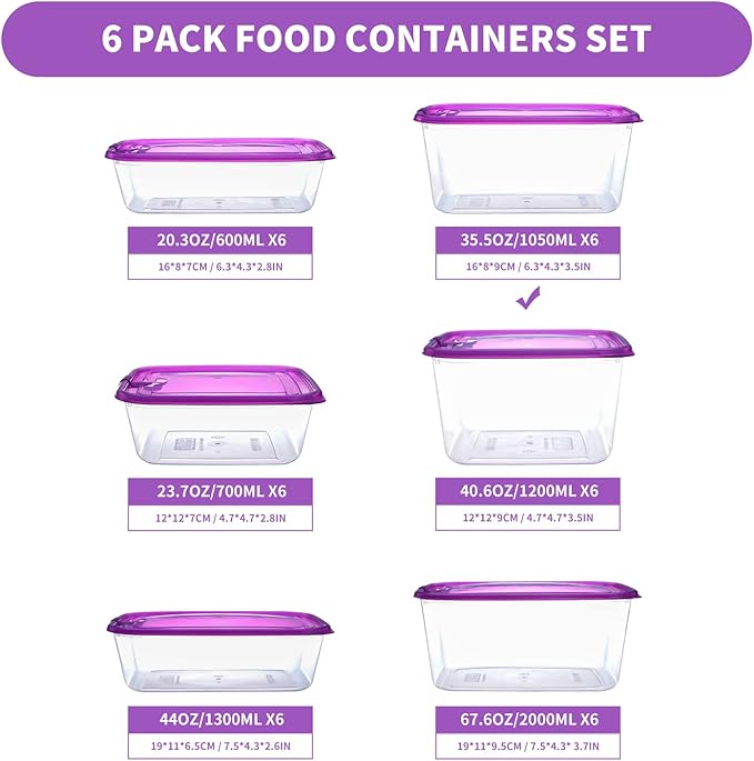 KIGI Food Containers, Snap-on Lids, BPA-Free Plastic, Lightweight & Portable for on-the-go, Vented & Microwave Safe for Leftovers, Stackable (5.4 Cup 6 PACK) (35oz 6 PACK)