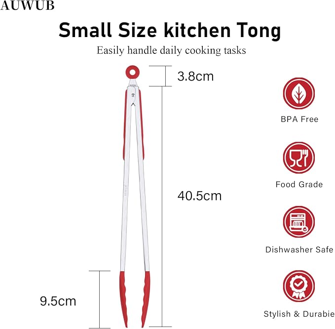 Salad Tongs, 16 Inch Silicone Food Tongs with 304 Stainless Steel Core & Non-Slip Grip in Red Color