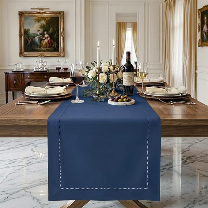 Signature Linen™ by D'Moksha Navy Blue Table Runner 72 Inches Long, 100% Pure Linen, Hemstitch, 14 x 72 Inch Table Runner for Dresser, Dining- Summer, Father's & Independence Day