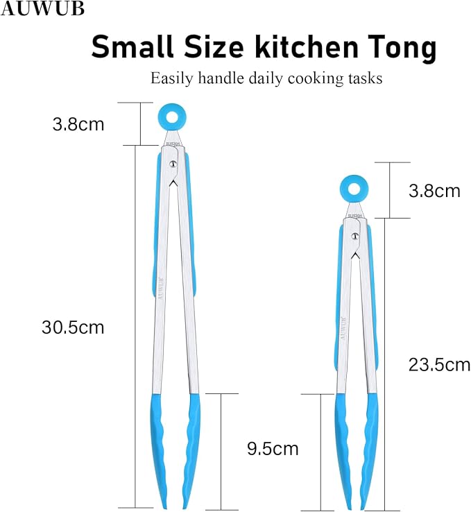 9+12 Inch Blue Salad Tongs 2-Piece Set, Silicone with 304 Stainless Steel Core & Non-Slip Grip, Kitchen Utensils for Grilling Salad