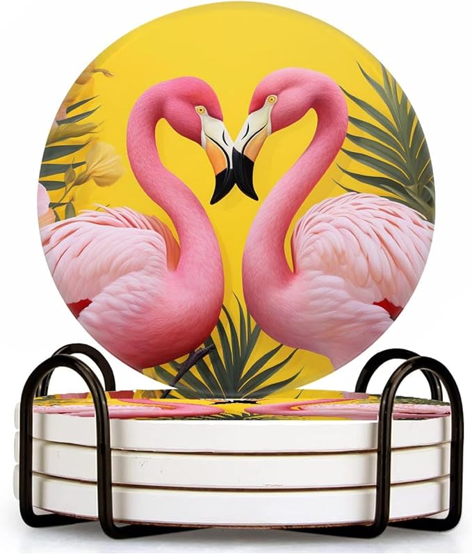 Flamingo Pineapple Butterflies Palm Leaves Pattern Set of 4 Ceramic Coasters with Holder,Absorbent Drink Bar Coasters,Table Coasters