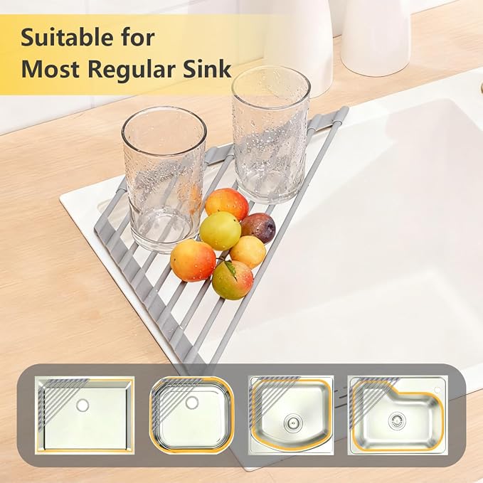 Credon Triangle Roll Up Dish Drying Rack Over The Sink, Triangular Sink Rack, Sink Corner Foldable Silicone Coated Stainless, Anti-Slip Organizer for Kitchen, Heat-Resistant, Non-Slip (Grey)