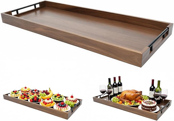 Sasovevga 32 x 12 Inch Large Acacia Wood Serving Tray with Metal Handle, Long Charcuterie Board for Cheese, Meat & Appetizers, Extra Long Kitchen Platter for Gatherings, BBQ & Home Decor