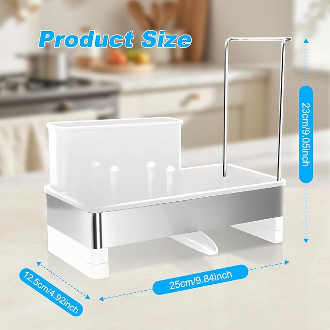 Kitchen Sink Caddy,Sponge Holder for Kitchen Sink with Dish Brush Holder, Auto Drain Tray, Sponge Drain Rack,Stainless Steel Sink Organizer Countertop，Sponge Soap(White)
