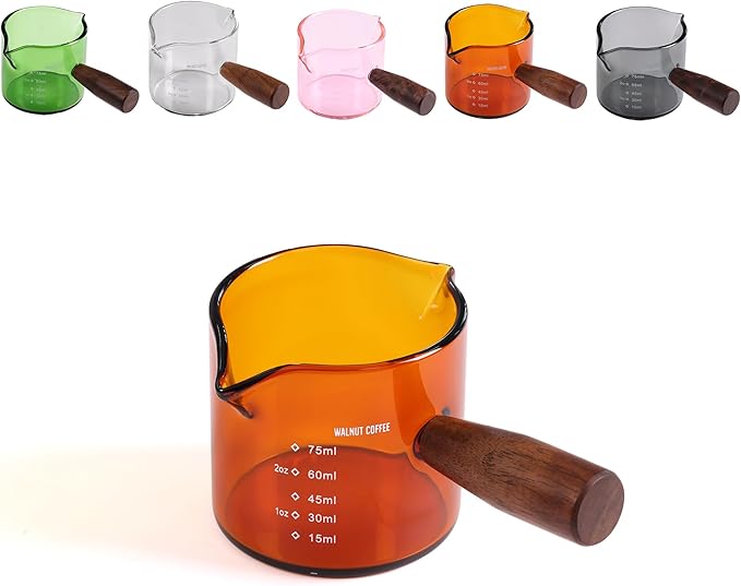 Amber 3.5oz Espresso Shot Glass Double Spouts with American Walnut Handle, Double Spout Glass Measuring Cup, Milk Frothing Pitcher