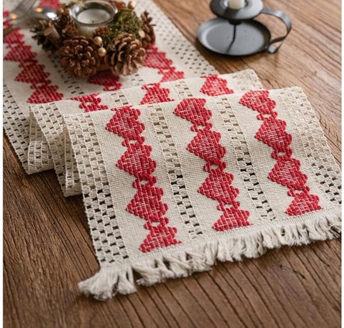 Macrame Table Runner Beige and Red Heart Table Runners with Tassels Hand Woven Cotton Table Runner Rustic Farmhouse Table Runners for Valentine's Day Bohemian Kitchen Dining Table(12x71in)
