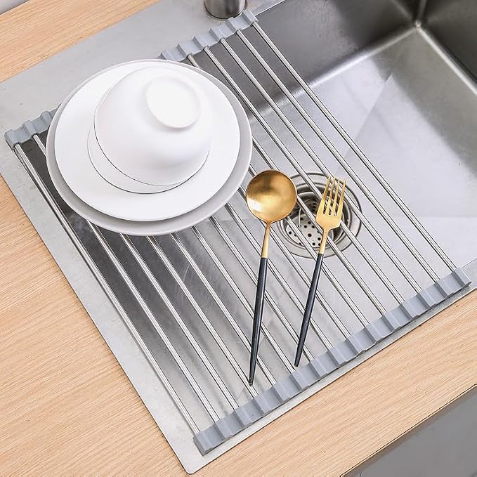 JAYWAYNE Roll Up Dish Drying Rack, Heavy Duty Stainless Steel Over The Sink Drainer, Foldable Space Saver with Heat Resistant Trivet Mat, 17.5 x 14 Inch