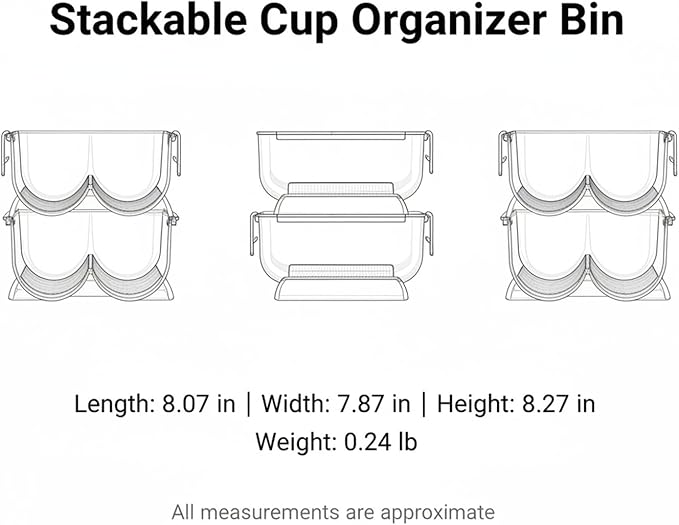 Clear Stackable Cup Organizer Bin, Vertical Storage Container for Kitchen Cabinets & Pantry, Durable PP Plastic