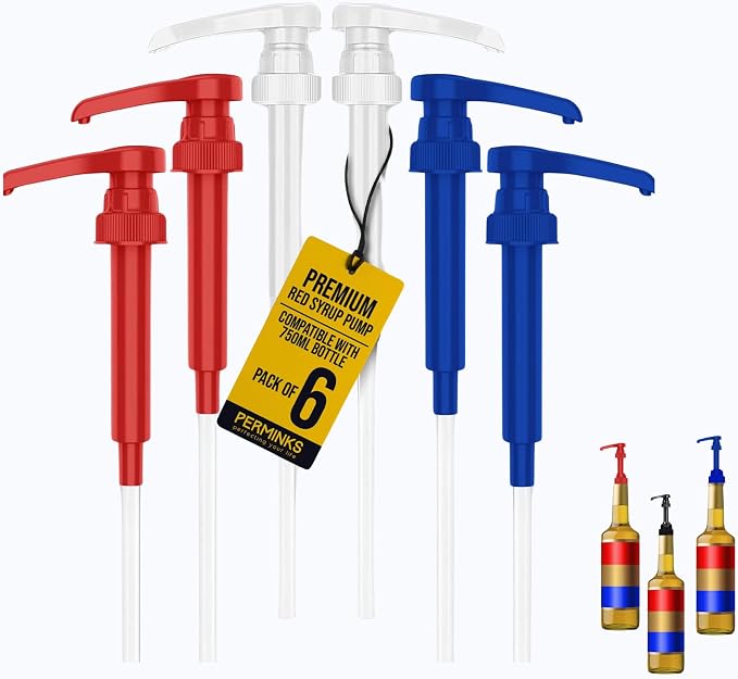 Premium Syrup Pump Compatible with Torani 750 ml Bottle, Davinci Syrups - No Spill, No Clog Syrup Pump Dispenser for Vanilla, Snow Cone, Coffee Flavoring & More (Pack of 6, Red, White & Blue)