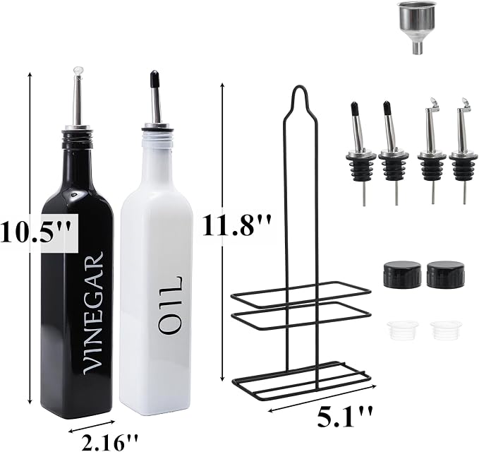 Tebery 2 Pack Oil and Vinegar Dispenser Set with Caddy Holder, 17oz Black & White Olive Oil Dispenser Bottle, Cute Modern Vintage Glass Cruet for Kitchen