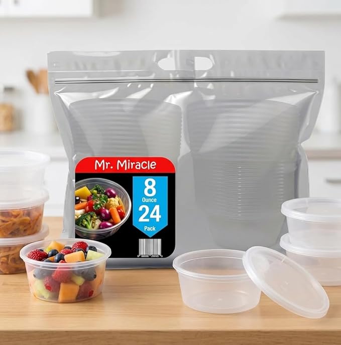 Mr Miracle 8OZ Deli Containers with Lids - 48 Pack of 8 oz Clear Airtight Reusable Plastic Food and Multi-Purpose Deli Containers - Microwave, Freezer, and Dishwasher Safe