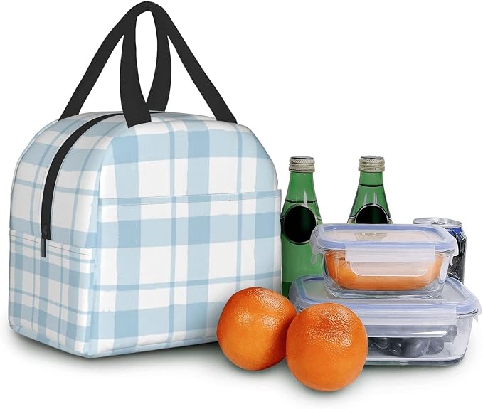 Lunch Bag Plaid Blue Check Insulated Lunch Box Cooler Tote for Adults Kid Girl Women Work Office School Picnic Beach Reusable Lunchbox Over 3 Years Old
