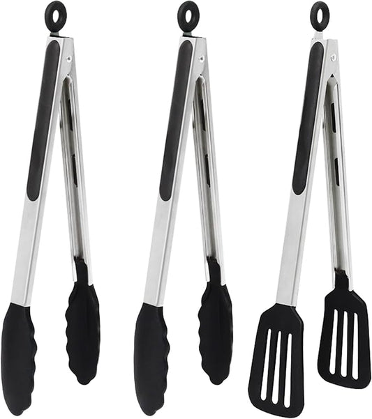 12 Inch Kitchen Tongs Set of 3, Silicone Tongs with Silicone Tips and Stainless Steel Handle, Tongs for Cooking, Baking, Grilling