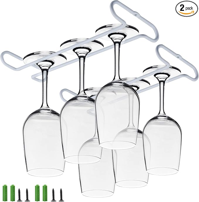 set 2 White Wine Glass Rack Under Cabinet Shelf 10 Inch Stemware Storage Hanging Hanger Organizer Glasses Holder with Drying Under Counter Metal for Kitchen and Bar
