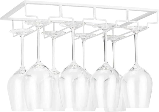 FOMANSH Wine Glass Rack Under Cabinet - Stemware Holder Metal Wine Glass Organizer Glasses Storage Hanger for Bar Kitchen Brown 4 Rows White