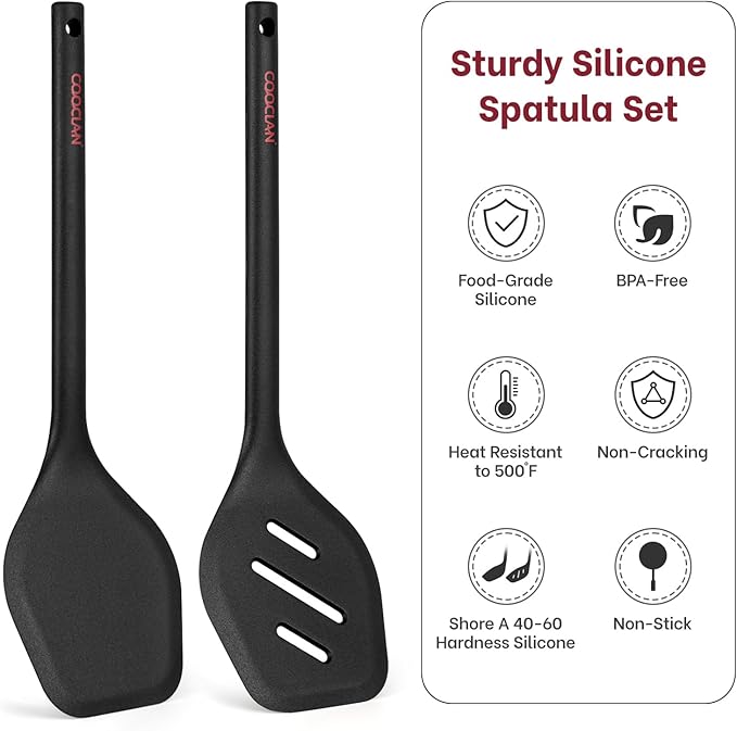 Pack of 2 Silicone Spatula Set, Durable One-Piece Design Heat Resistant BPA-Free Silicone Kitchen Spatulas for Non-Stick Pans, Solid & Slotted Spatula Turner Ideal for Flipping, Frying, Black