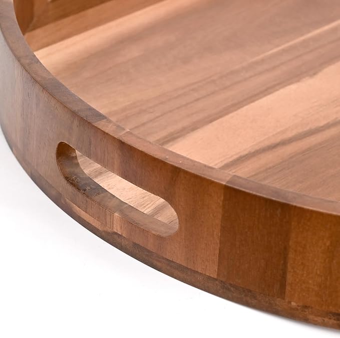 20 Inch Extra Large Round Serving Tray HeavyDuty Acacia Wood Tray for Oversized Ottoman Coffee Table and Counter Giant Decorative Organizational Tray Extensive Kitchen Serveware