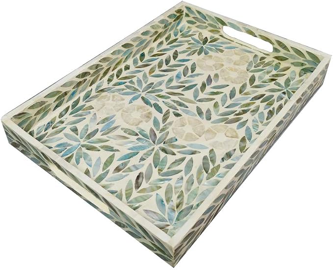 I-lan Creative Rectangular Mother of Pearl Shell Severing Tray Lacquer Wooden Decorative Tray Handmade Shell Serving Tray (35cm)
