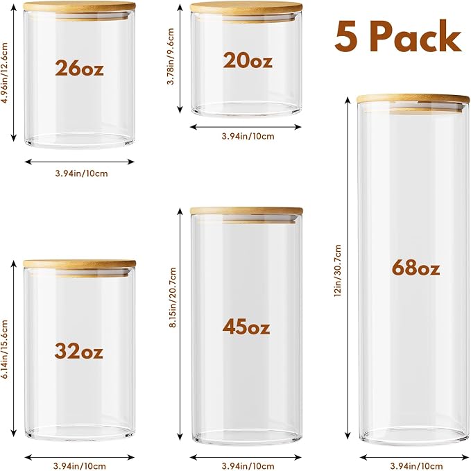 OneDream Glass Container - 5 Pack MultiSize Glass Jars with Bamboo Lid, Bamboo Lid Storage Jar Canister for Coffee Beans, Cereal, Pasta, Flour, Tea, Nuts, Candy, Salts and More