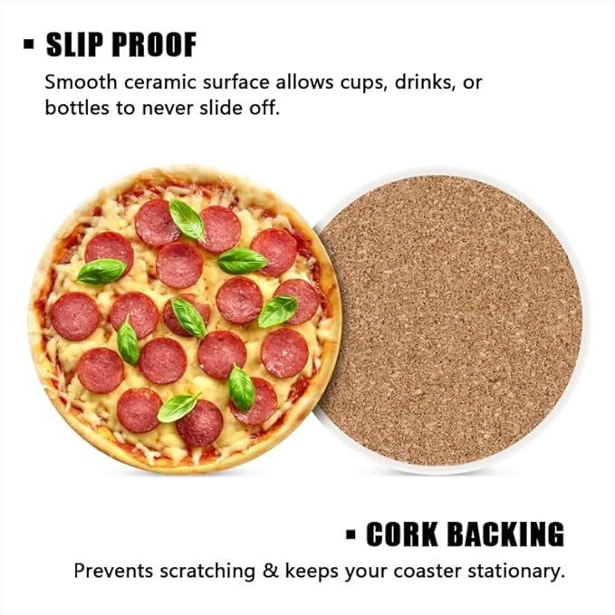 Ceramic Stone Cork Coasters for Drinks Tableware, Pepperoni Pizza with Mozzarella Cheese Round Absorbent Durable Aesthetic Art Cup Mat Protects Tables and Surfaces Set of 1 (4 * 4 Inch)