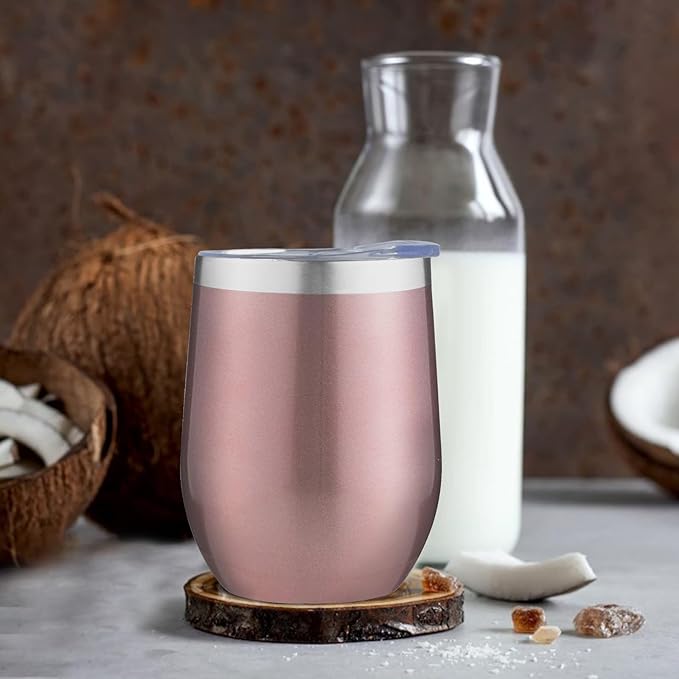 MEZMUT 12 Oz Insulated Wine Tumbler with Lid Double Wall Vacuum Stainless Steel Wine Glass Coffee Mug Insulated Tumbler Cup for Champaign, Cocktail, Beer (Rose Gold, 4 Pack)