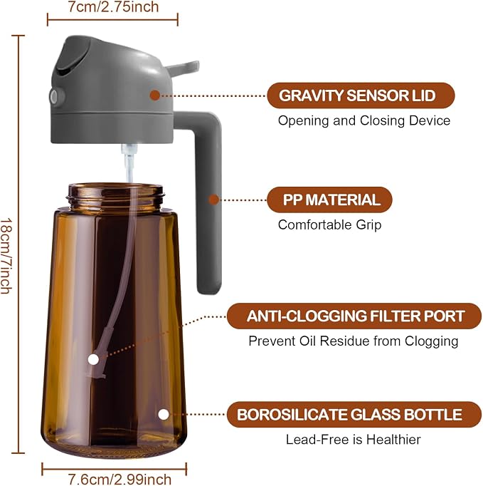 YARRAMATE 16oz/470ml Dark Brown Oil Sprayer for Cooking with Stickers, Food-grade Premium 2 in 1 Olive Oil Dispenser Bottle for Kitchen Gadgets, Air Fryer, Salad, Frying, BBQ (Grey)