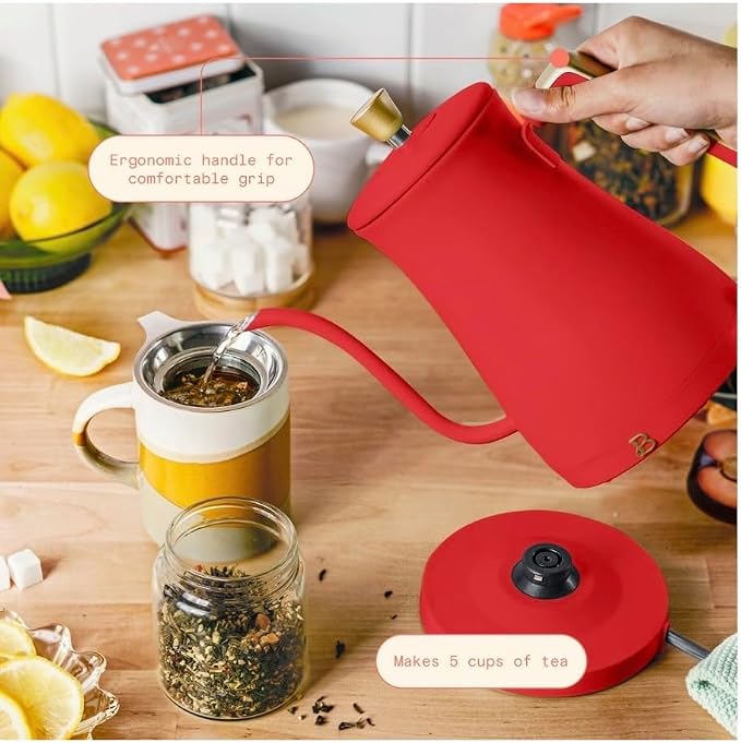 Beautiful Electric Gooseneck Kettle, 1 Liter, 1200W, Stainless Steel Interior, Fast Boil, Precision Pour Spout, Auto Shut-Off & Boil-Dry Protection (Red)