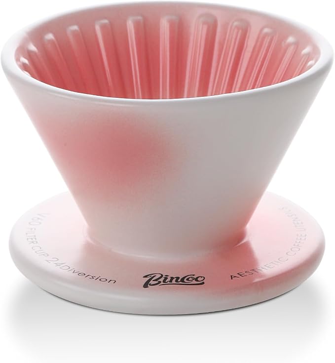 Bincoo Ceramic Coffee Dripper Vertical Lines,Pour Over Coffee Maker Size 01,Manual Pour Over Brew Maker,Single Cups Slow Brewing Accessories (Pink)