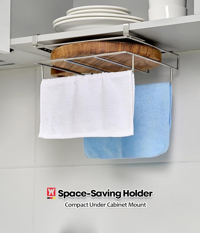 WAGENSTEIGER Stainless Steel Under/Over Cabinet Cutting Board and Kitchen Towel Rack – Space-Saving Rack for Countertop and Cabinet Door Storage, Chopping Board Holder (One-Layer)