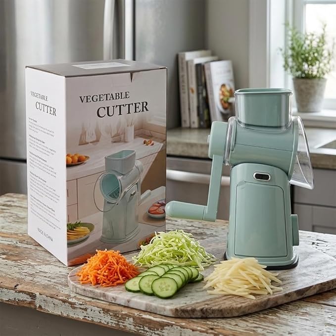 Rotary Cheese Grater Hand Crank, 10-Blade Shredder with Handle, Vegetable Slicer Mandoline Food Chopper, Strong Suction Base Kitchen Gadget for Cheese Vegetables Nuts – Green