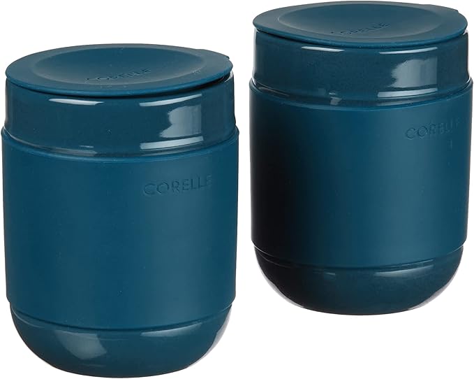 Corelle Stoneware 4-Pc Tumbler Set of 2 with Lids, Handcrafted Artisanal Travel Mug, Solid Glaze Stoneware, 13-1/2-Oz Travel Coffee Mug Set, Navy
