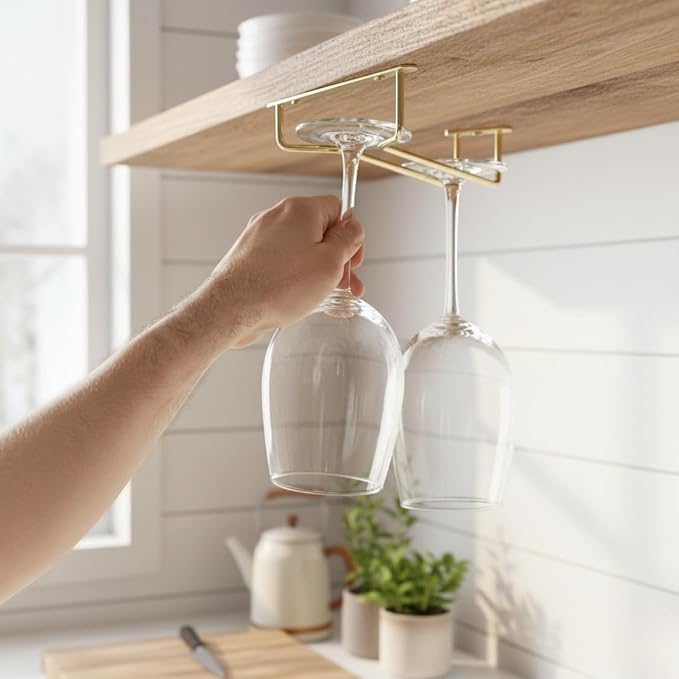 TrueCraftware- 10-Inch Wine Glass Rack Brass Finish Set of 2- Stemware Rack Wire Hanging Rack Under Cabinet Wine Stemware Holder Glass Storage Hanger Organizer for Kitchen and Bar